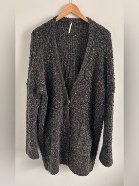Free People Bouclé Snap Button Cardigan Sweater, Charcoal Gray Oversized, Size M